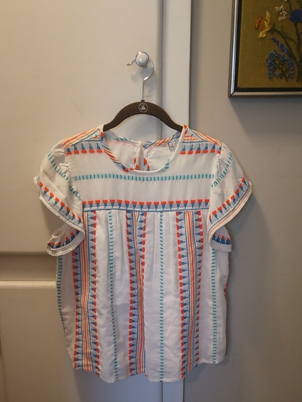Embroidered White Short-Sleeve Blouse with Blue and Orange Trim